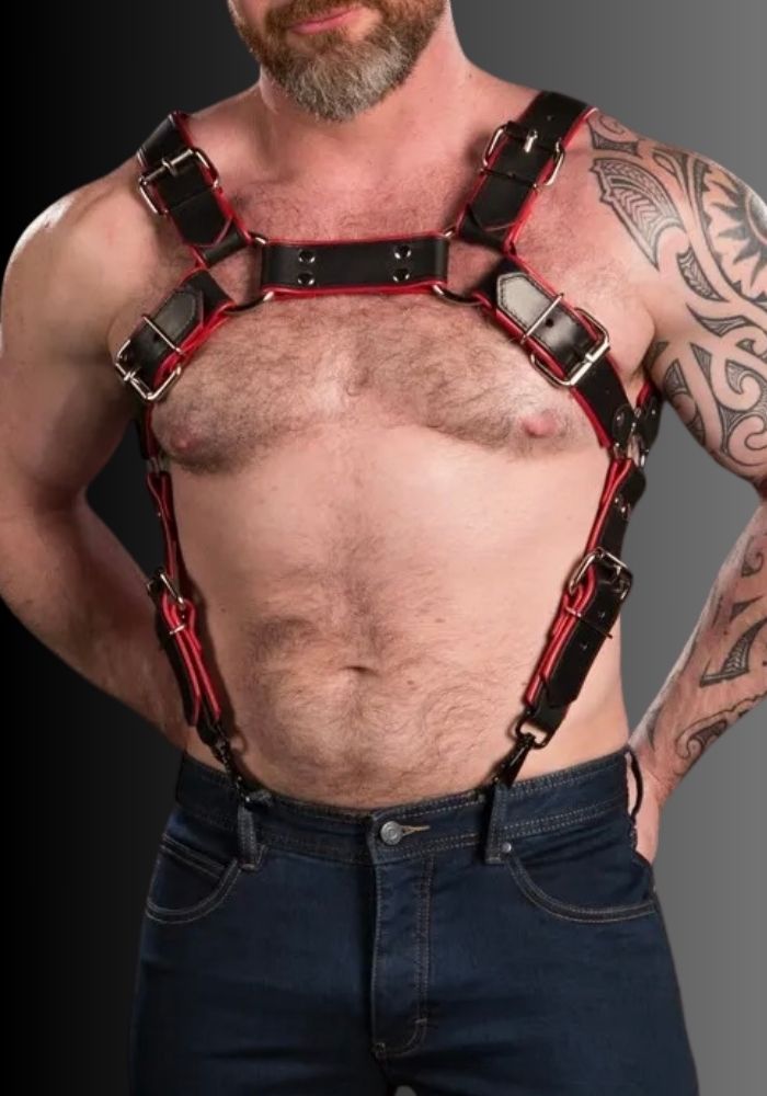 Gay Leather Harness Trojan Red, gay harness, gay leather harness, harness gay, harness gay men for sale