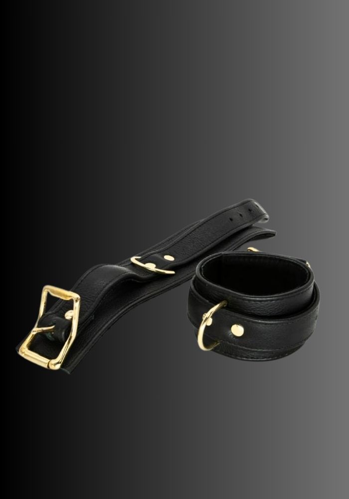 Leather Cuffs Gold Hardware, leather ankle cuffs, ankle restraints, wrist and ankle bondage, ankle wrist restraints for sale