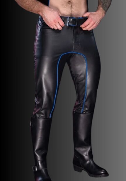 Men Leather Pant Piped Blue, leather pants bondage, gay leather pants, men leather pants, gay mens pants for sale
