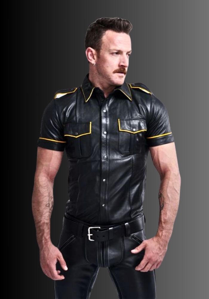 Leather Gay Shirt Yellow Piping, black leather shirt, mens leather shirt, leather shirt, leather shirt gay for sale