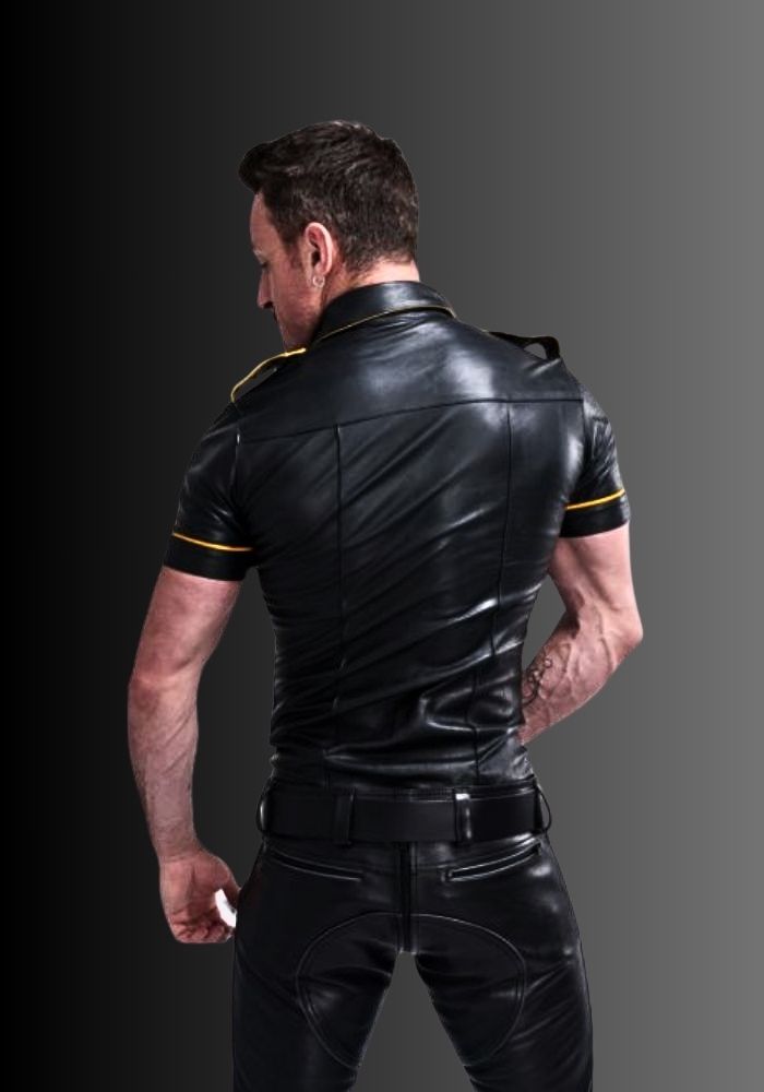 Leather Gay Shirt Yellow Piping, black leather shirt, mens leather shirt, leather shirt, leather shirt gay for sale
