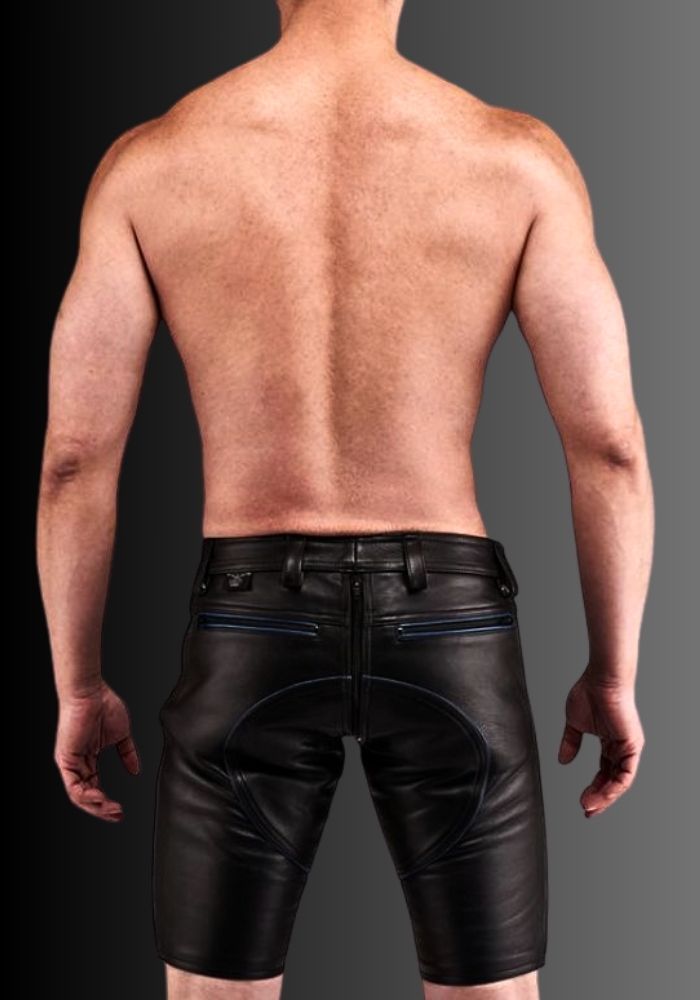Leather Shorts Blue Piping, chap shorts, leather pants shorts, leather black shorts, short shorts gay for sale