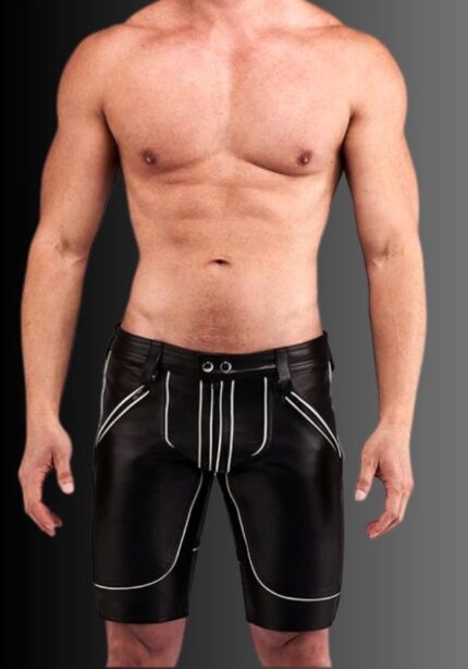 Leather Shorts White Piping, leather shorts, gay shorts, mens black leather shorts, leather shorts for men for sale