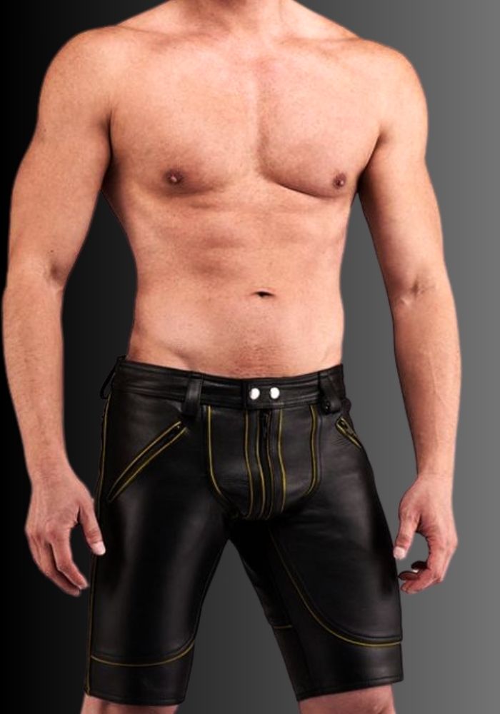 Leather Shorts Yellow Piping Zipper, leather shorts, gay shorts for sale