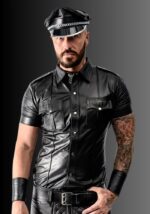 Leather Police Shirt Short Sleeves, leather collared shirt, sleeveless leather shirt, black leather shirt, mens leather shirts for sale