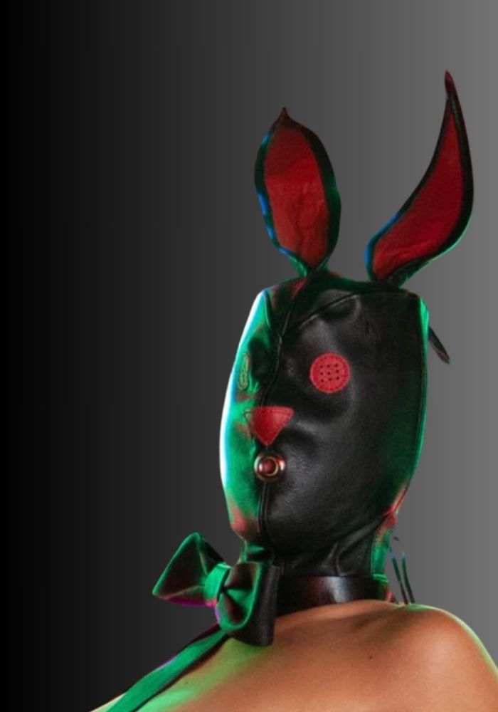 Leather Bunny Hood, hood bunny, bondage bunny, animal bondage, BDSM animal for sale
