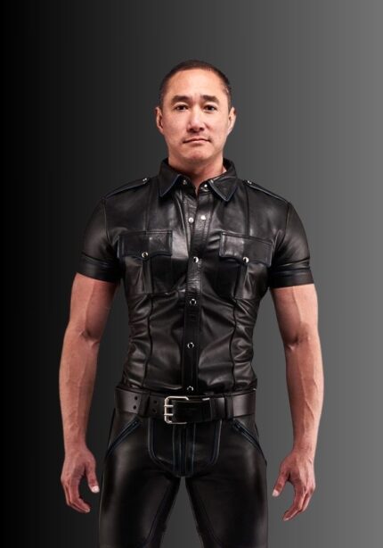 Leather Police Shirt Short Sleeves Blue Piping, leather collared shirt, sleeveless leather shirt, black leather shirt, mens leather shirts for sale