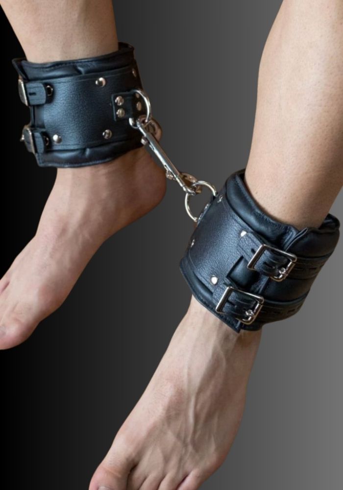 Lockable Dungeon Ankle Cuffs, wrist to ankle cuffs, wrist and ankle restraints, ankle restraints, BDSM ankle cuffs for sale