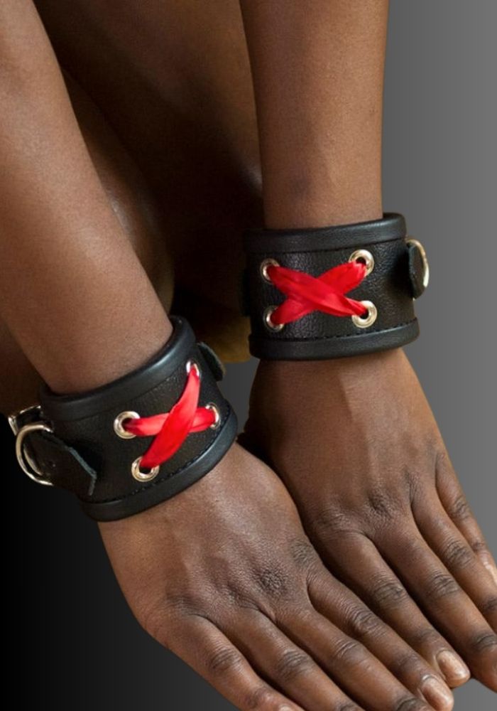Red Laced Leather Wrist Cuffs, leather wrist cuff, wrist cuffs, BDSM wrist cuffs, wrist suspension bondage,wrist bondage